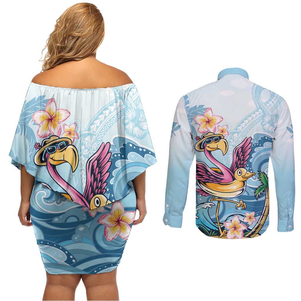 Hawaii Flamingo Couples Matching Off Shoulder Short Dress and Long Sleeve Button Shirt Plumeria Tropical Beach LT01 - Polynesian Pride