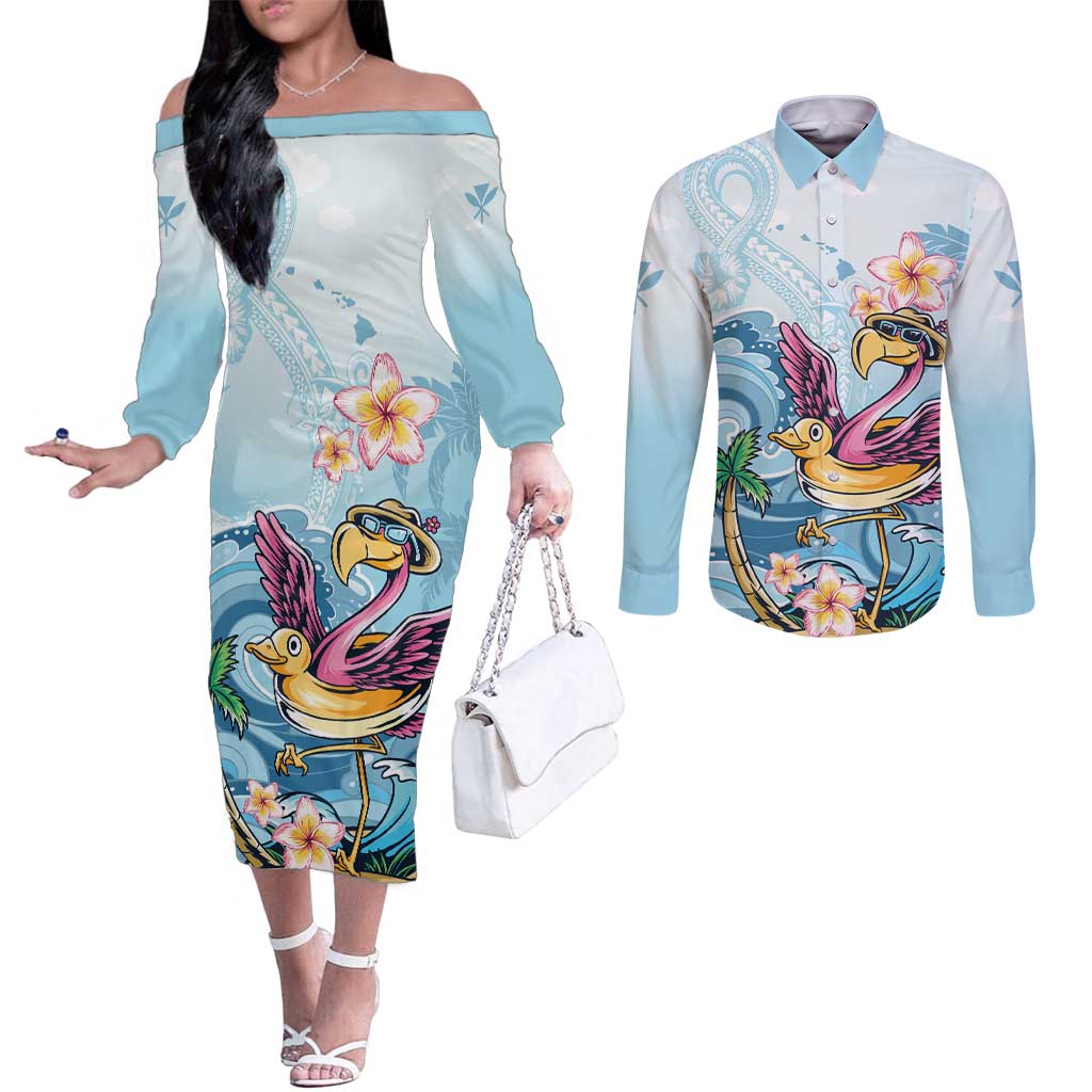 Hawaii Flamingo Couples Matching Off The Shoulder Long Sleeve Dress and Long Sleeve Button Shirt Plumeria Tropical Beach LT01 Blue - Polynesian Pride