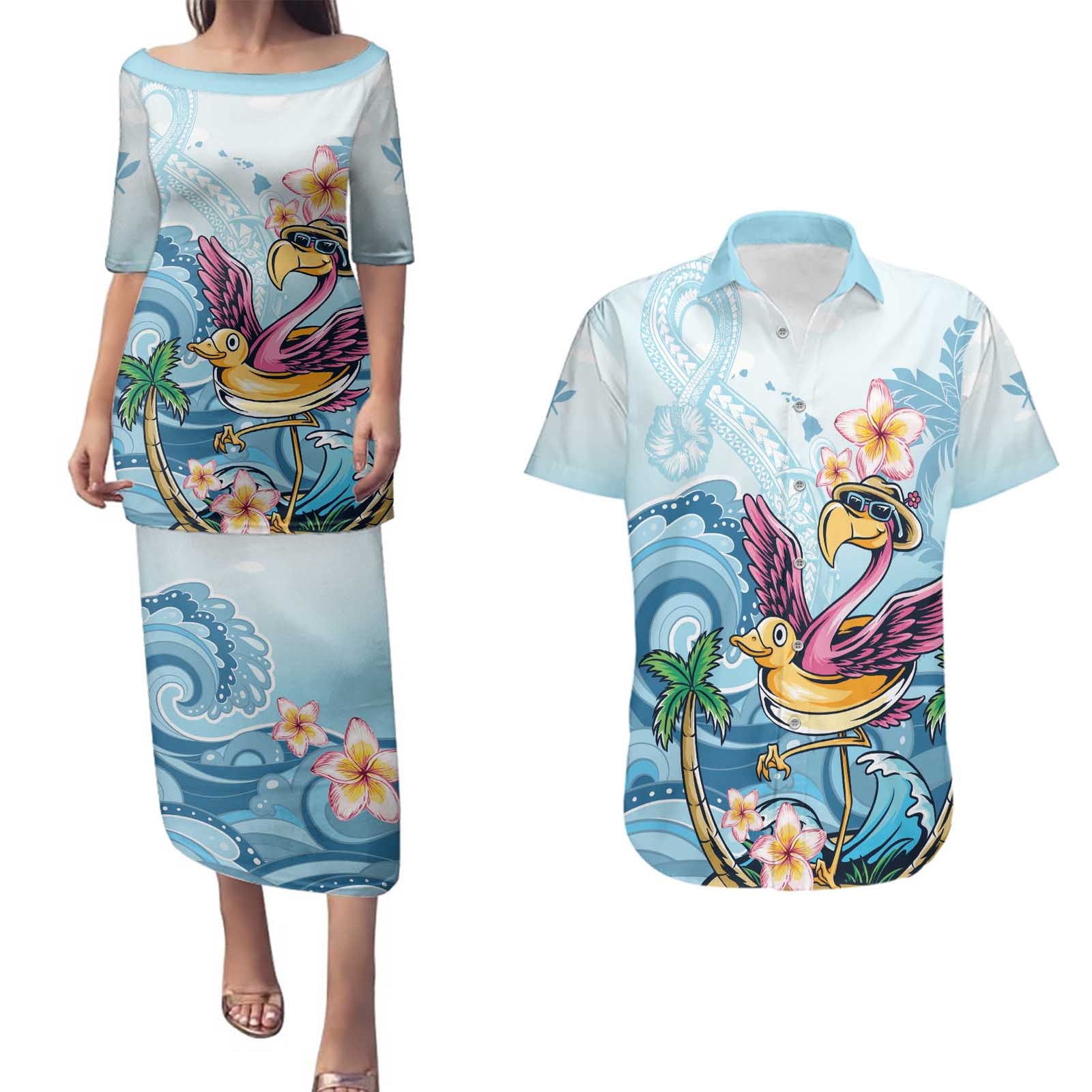 Hawaii Flamingo Couples Matching Puletasi and Hawaiian Shirt Plumeria Tropical Beach LT01 Blue - Polynesian Pride
