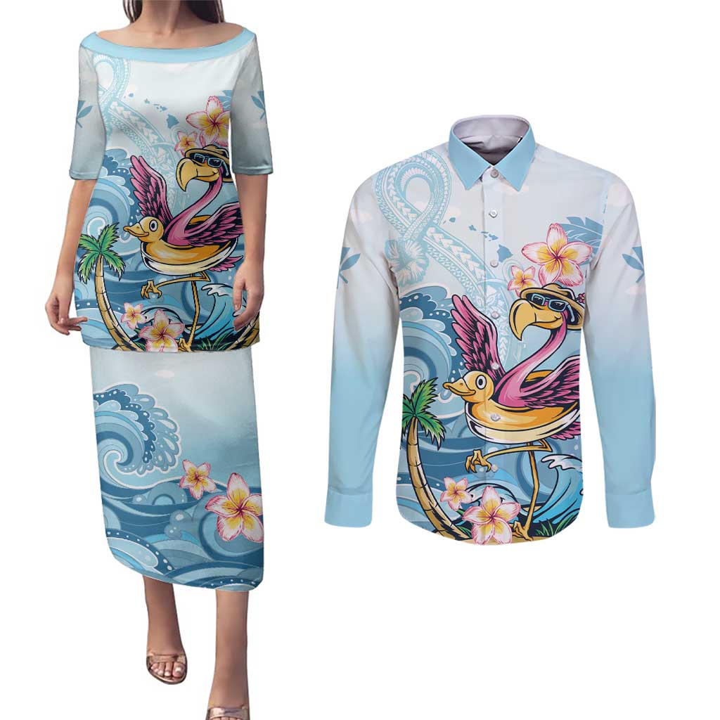 Hawaii Flamingo Couples Matching Puletasi and Long Sleeve Button Shirt Plumeria Tropical Beach LT01 Blue - Polynesian Pride