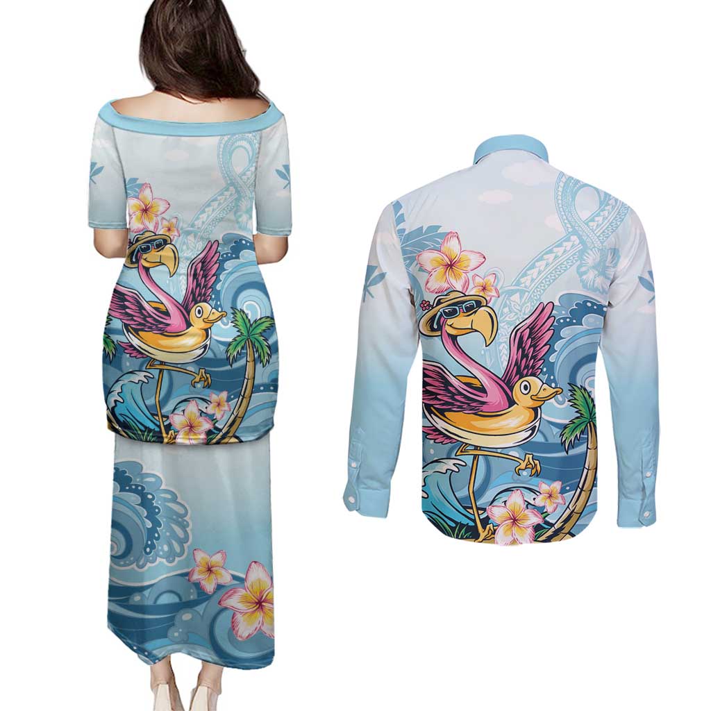 Hawaii Flamingo Couples Matching Puletasi and Long Sleeve Button Shirt Plumeria Tropical Beach LT01 - Polynesian Pride
