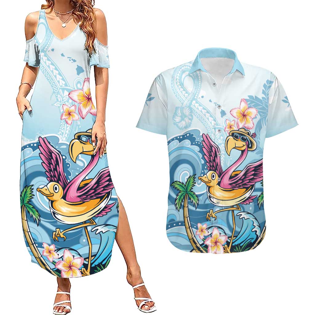 Hawaii Flamingo Couples Matching Summer Maxi Dress and Hawaiian Shirt Plumeria Tropical Beach LT01 Blue - Polynesian Pride