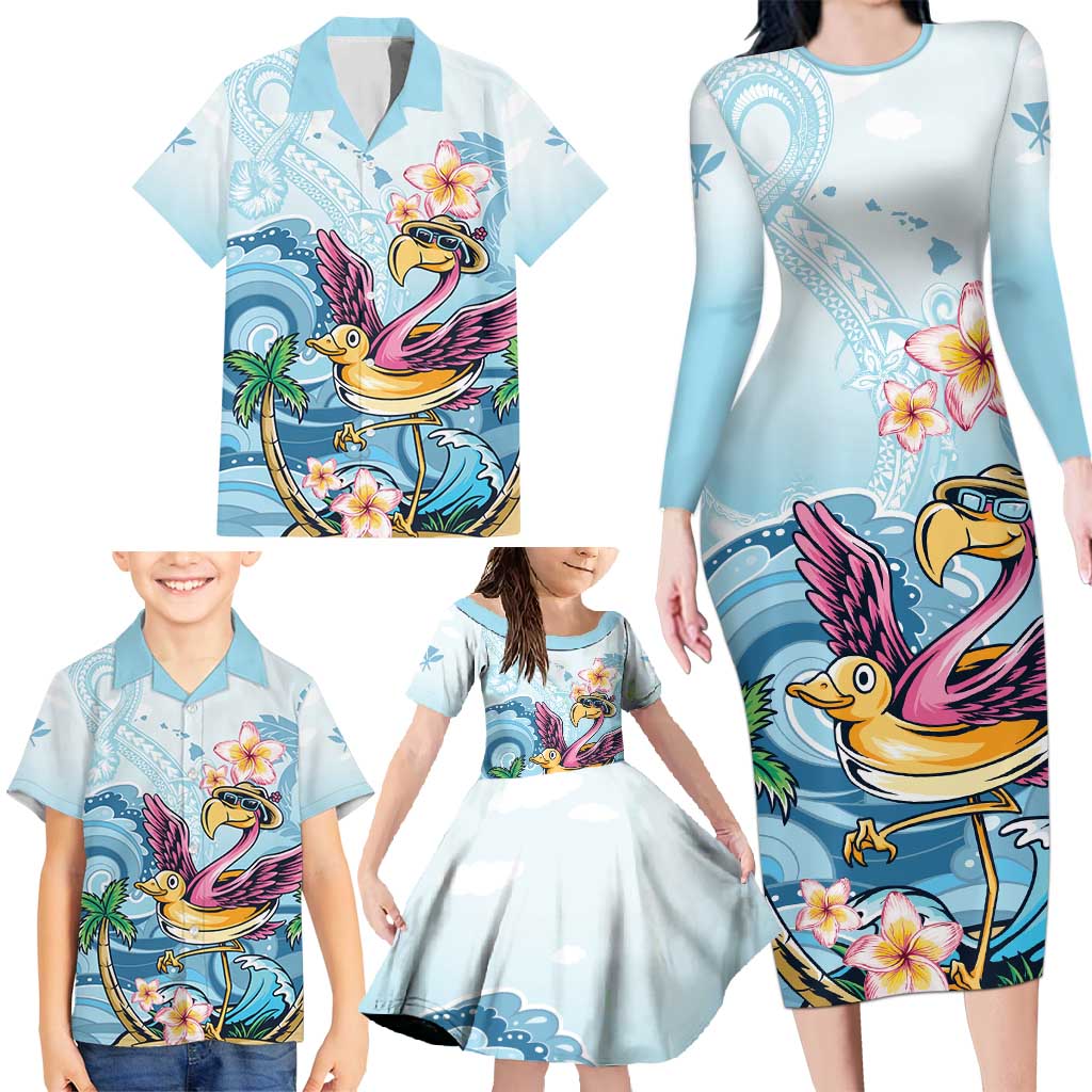 Hawaii Flamingo Family Matching Long Sleeve Bodycon Dress and Hawaiian Shirt Plumeria Tropical Beach