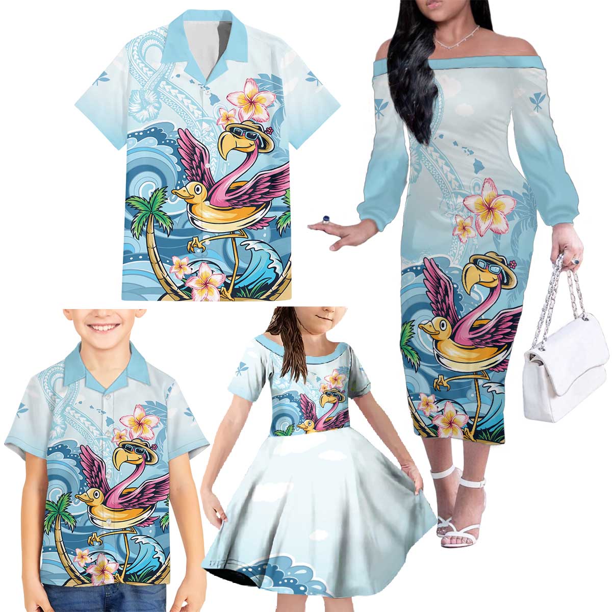 Hawaii Flamingo Family Matching Off The Shoulder Long Sleeve Dress and Hawaiian Shirt Plumeria Tropical Beach