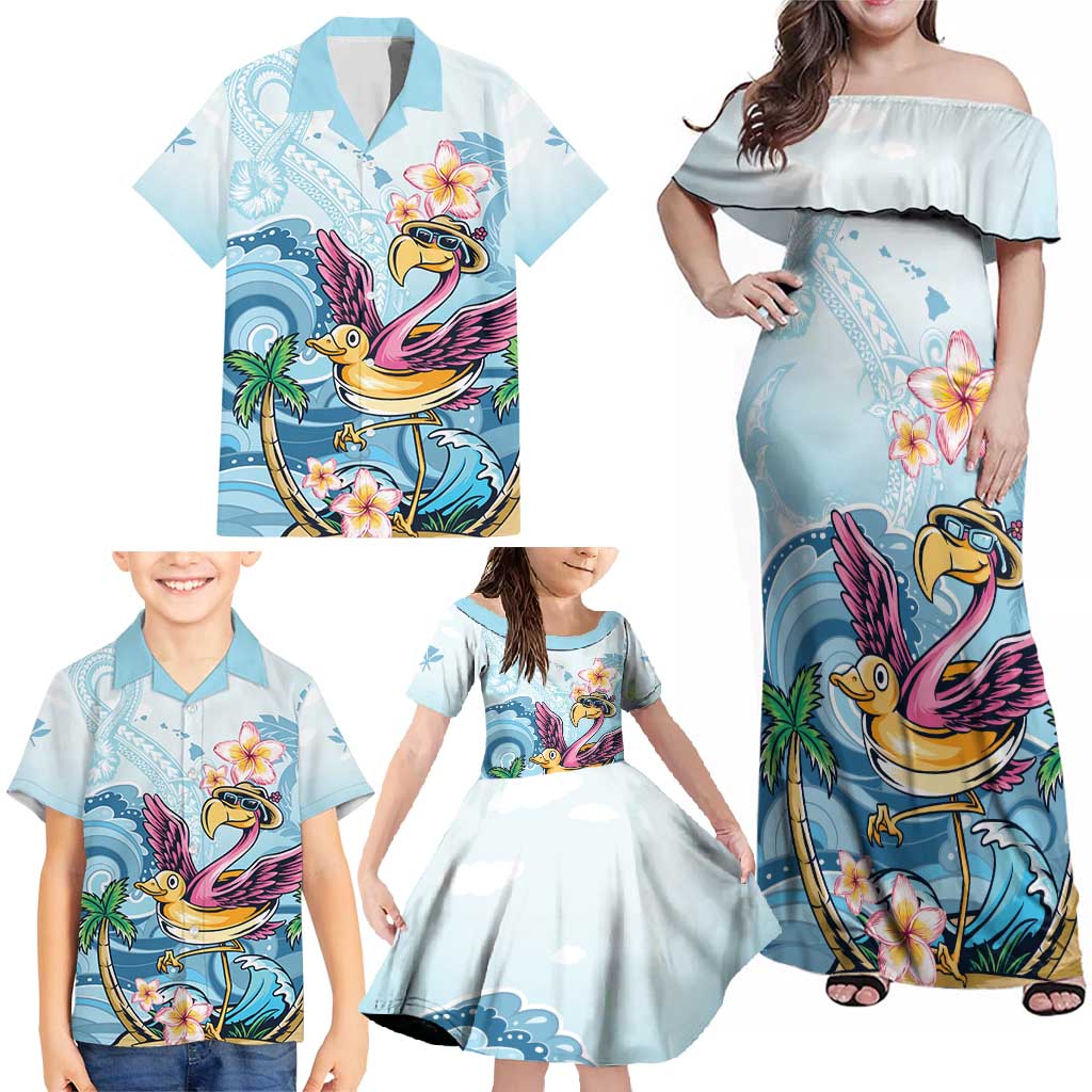 Hawaii Flamingo Family Matching Off Shoulder Maxi Dress and Hawaiian Shirt Plumeria Tropical Beach