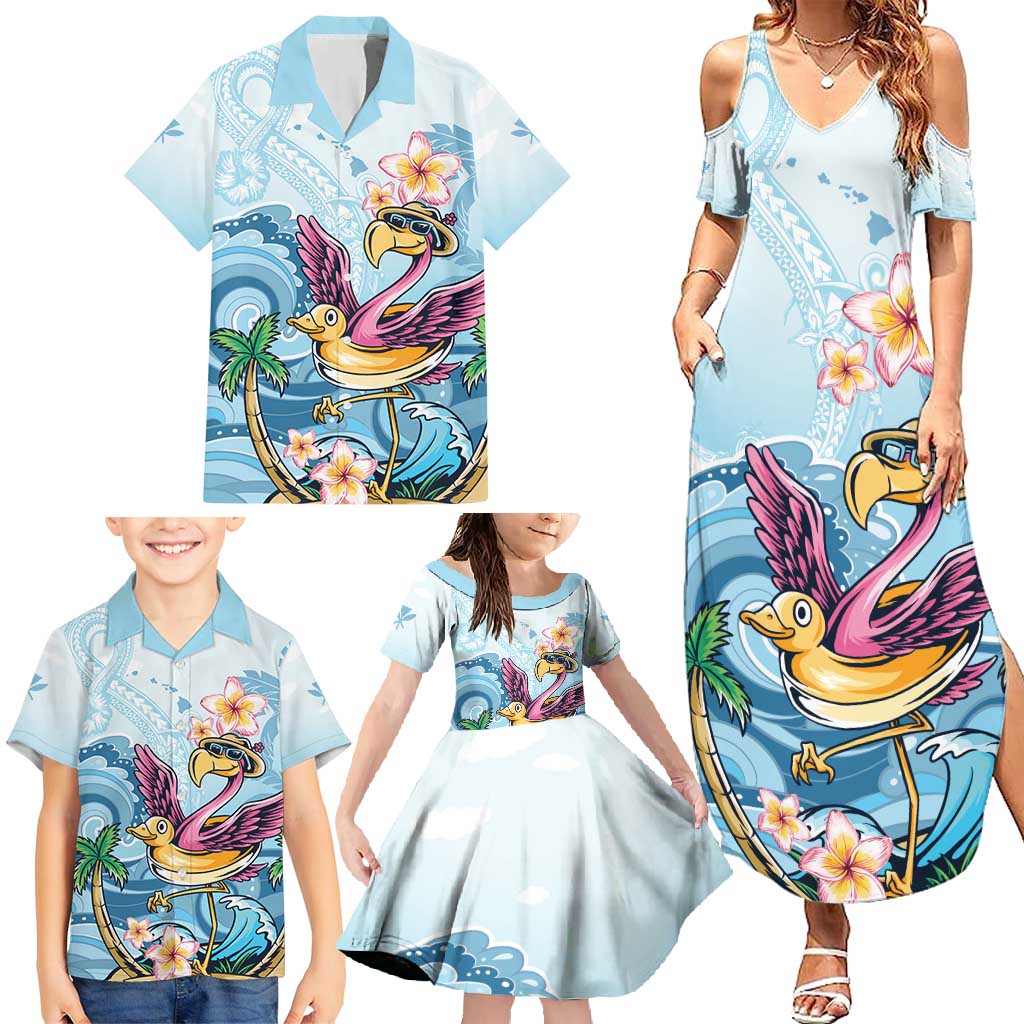 Hawaii Flamingo Family Matching Summer Maxi Dress and Hawaiian Shirt Plumeria Tropical Beach