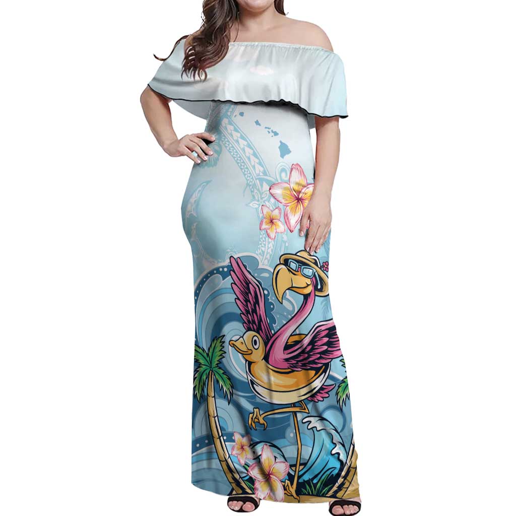 Hawaii Flamingo Off Shoulder Maxi Dress Plumeria Tropical Beach LT01 Women Blue - Polynesian Pride