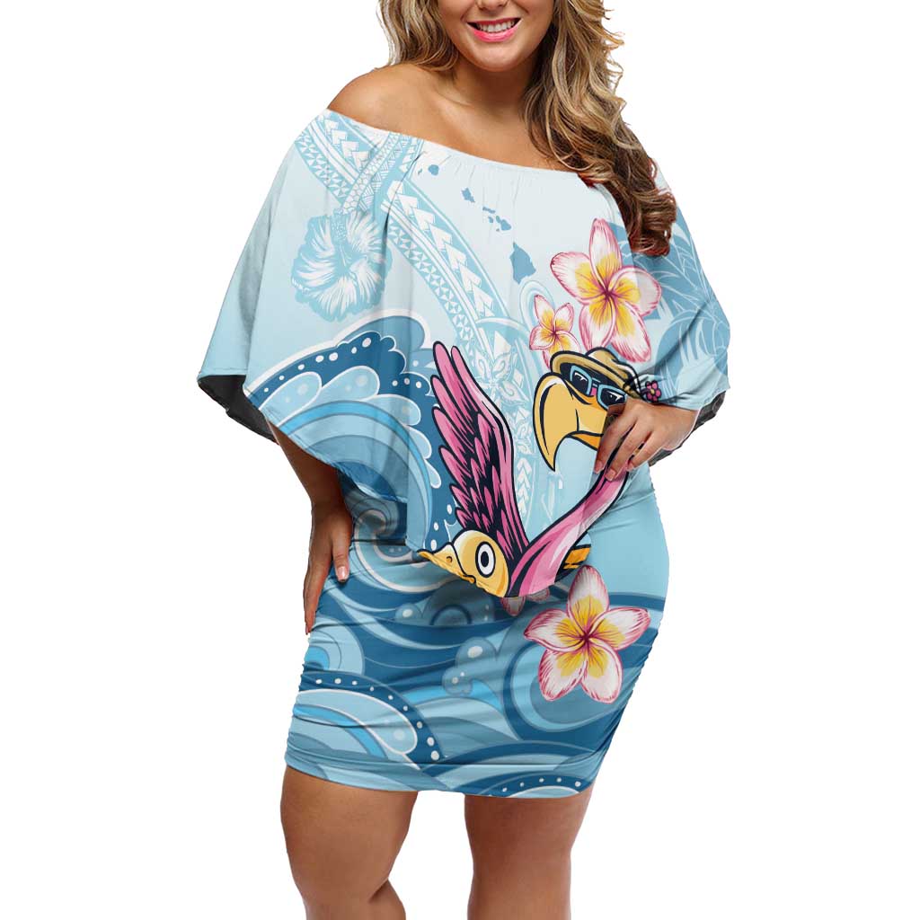 Hawaii Flamingo Off Shoulder Short Dress Plumeria Tropical Beach LT01 Women Blue - Polynesian Pride