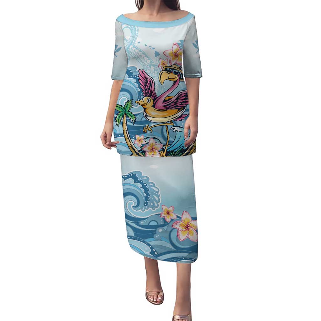 Hawaii Flamingo Puletasi Plumeria Tropical Beach LT01 Long Dress Blue - Polynesian Pride
