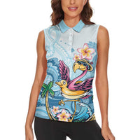 Hawaii Flamingo Women Sleeveless Polo Shirt Plumeria Tropical Beach