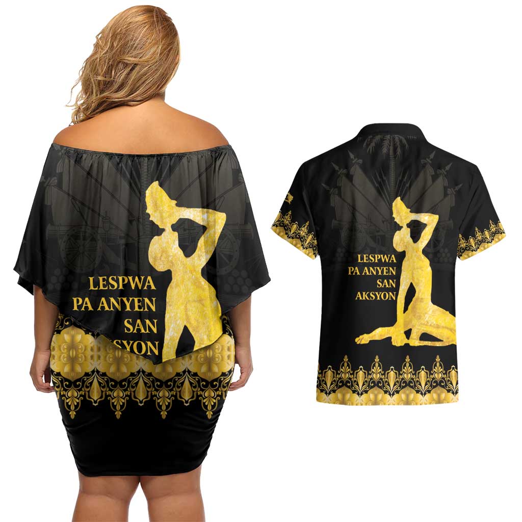 Haiti Neg Marron Gold Couples Matching Off Shoulder Short Dress and Hawaiian Shirt Lespwa pa anyen san aksyon