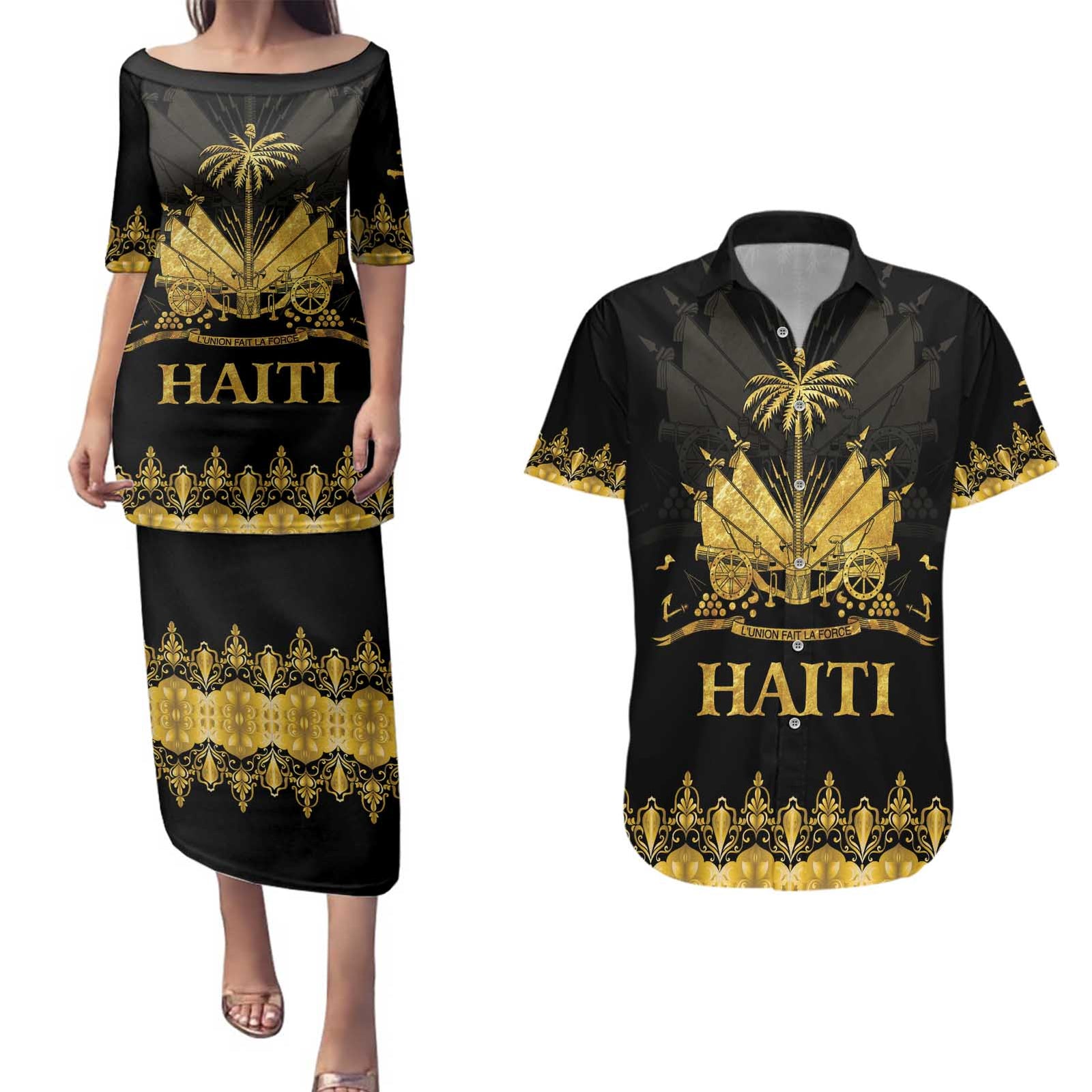 Haiti Neg Marron Gold Couples Matching Puletasi and Hawaiian Shirt Lespwa pa anyen san aksyon LT01 Gold - Polynesian Pride