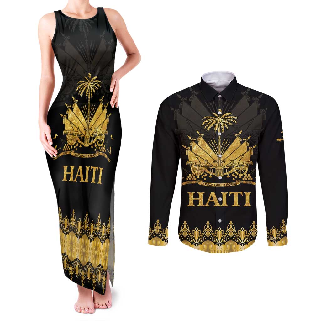 Haiti Neg Marron Gold Couples Matching Tank Maxi Dress and Long Sleeve Button Shirt Lespwa pa anyen san aksyon