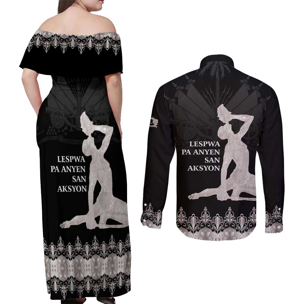 Haiti Neg Marron Silver Couples Matching Off Shoulder Maxi Dress and Long Sleeve Button Shirt Hope is Nothing Without Action LT01 - Polynesian Pride