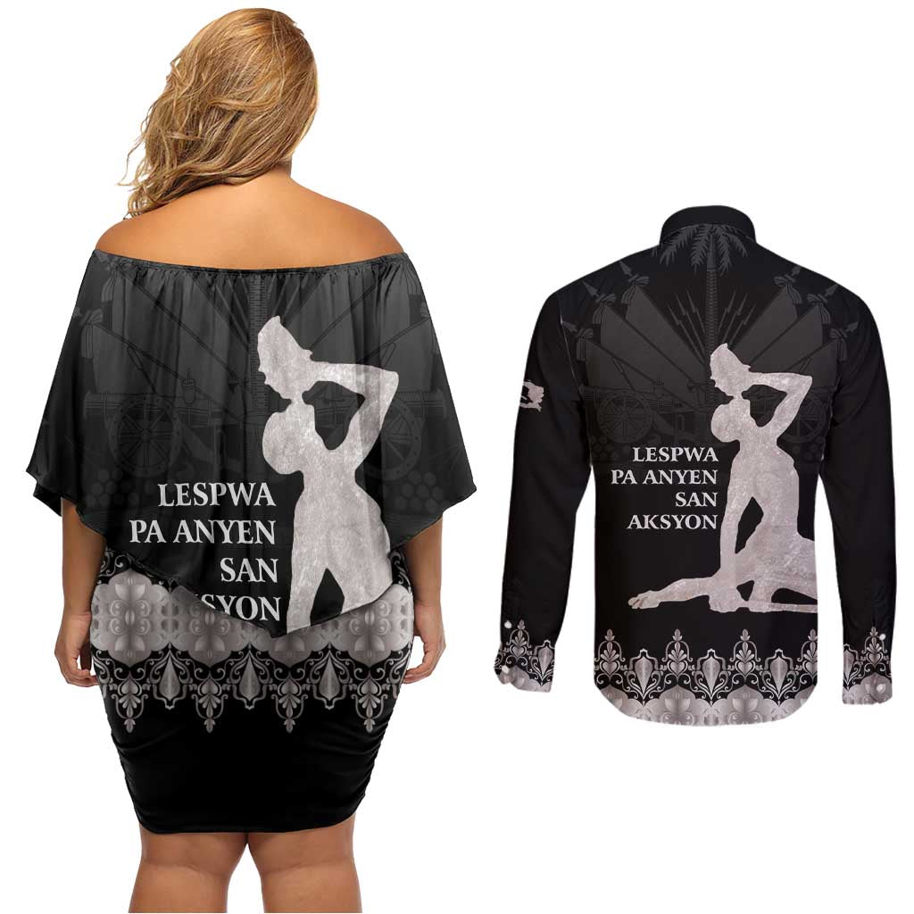Haiti Neg Marron Silver Couples Matching Off Shoulder Short Dress and Long Sleeve Button Shirt Hope is Nothing Without Action LT01 - Polynesian Pride