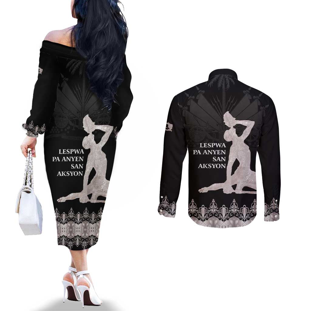 Haiti Neg Marron Silver Couples Matching Off The Shoulder Long Sleeve Dress and Long Sleeve Button Shirt Hope is Nothing Without Action LT01 - Polynesian Pride