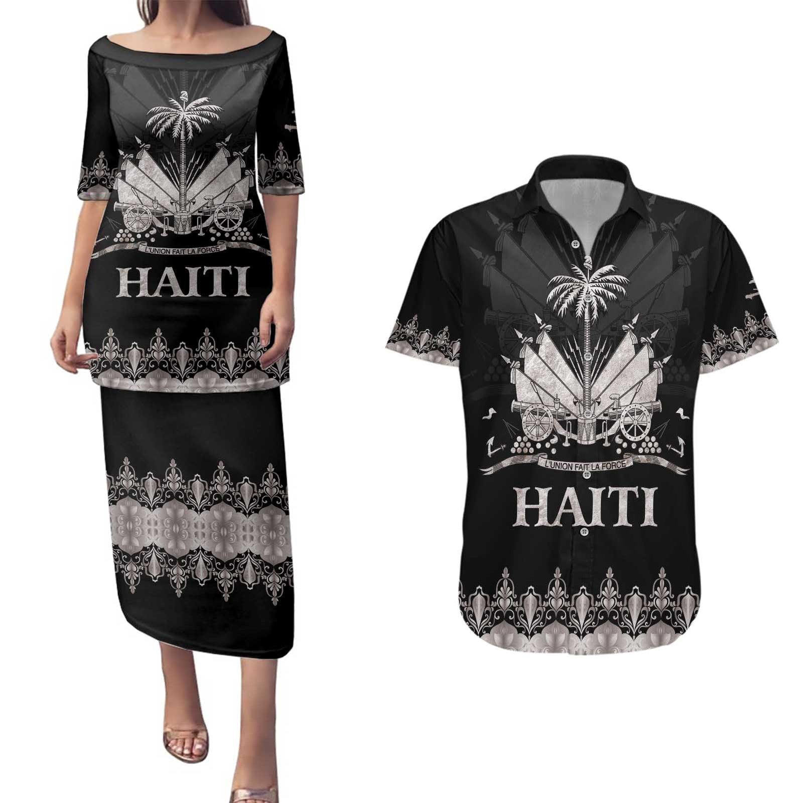Haiti Neg Marron Silver Couples Matching Puletasi and Hawaiian Shirt Hope is Nothing Without Action LT01 Silver - Polynesian Pride