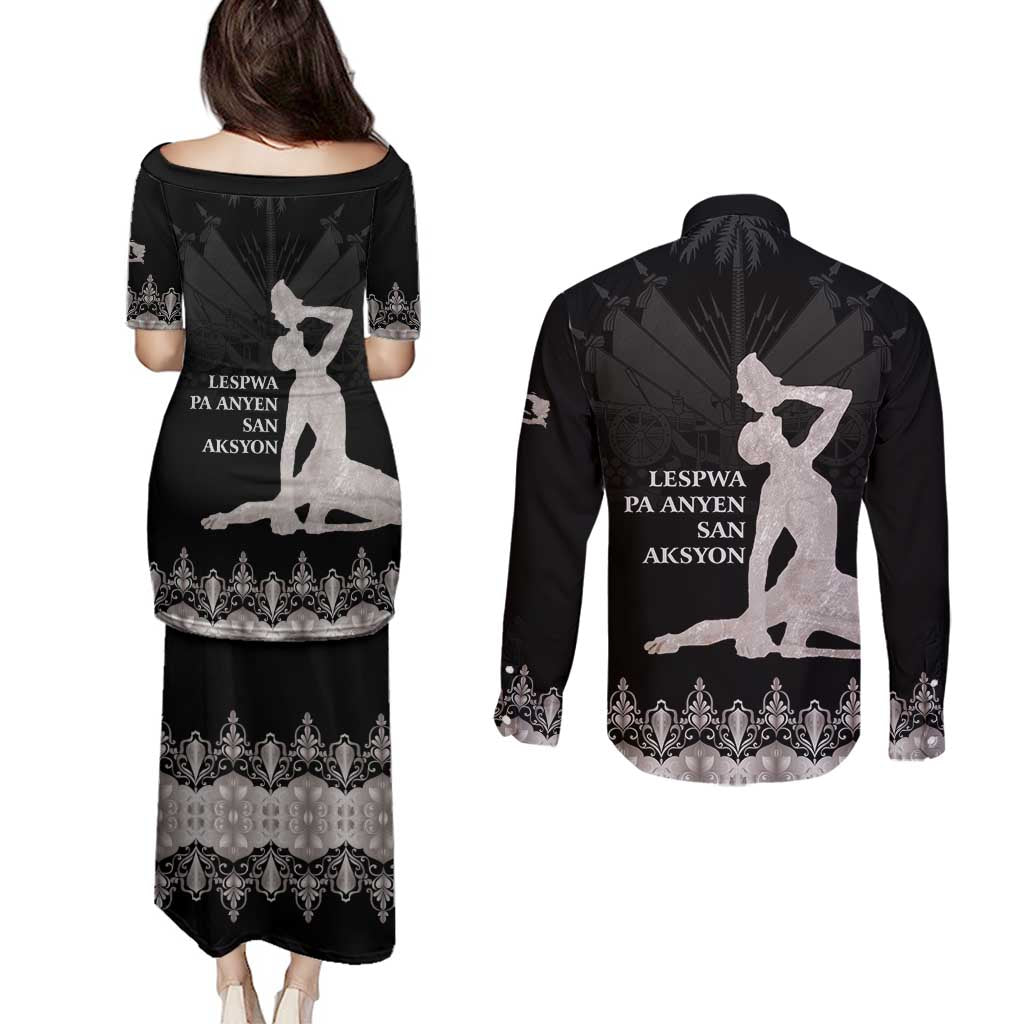Haiti Neg Marron Silver Couples Matching Puletasi and Long Sleeve Button Shirt Hope is Nothing Without Action LT01 - Polynesian Pride
