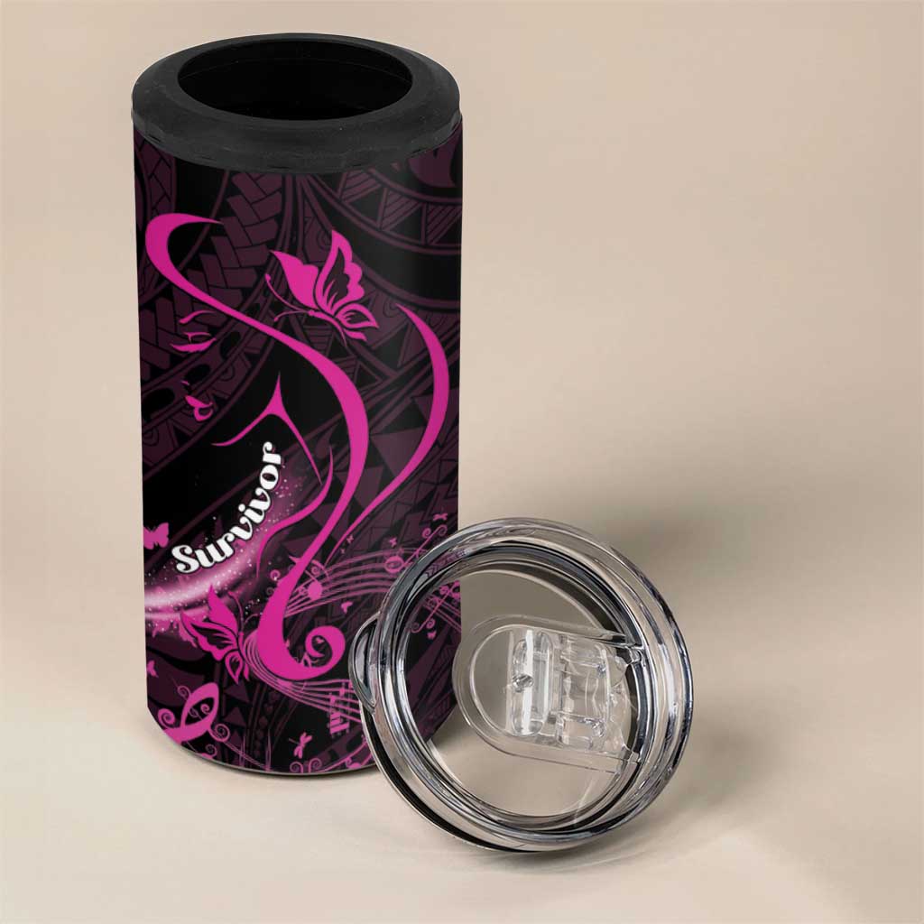 Personalised Survivor Melody Pink 4 in 1 Can Cooler Tumbler Breast Cancer Polynesian Pattern