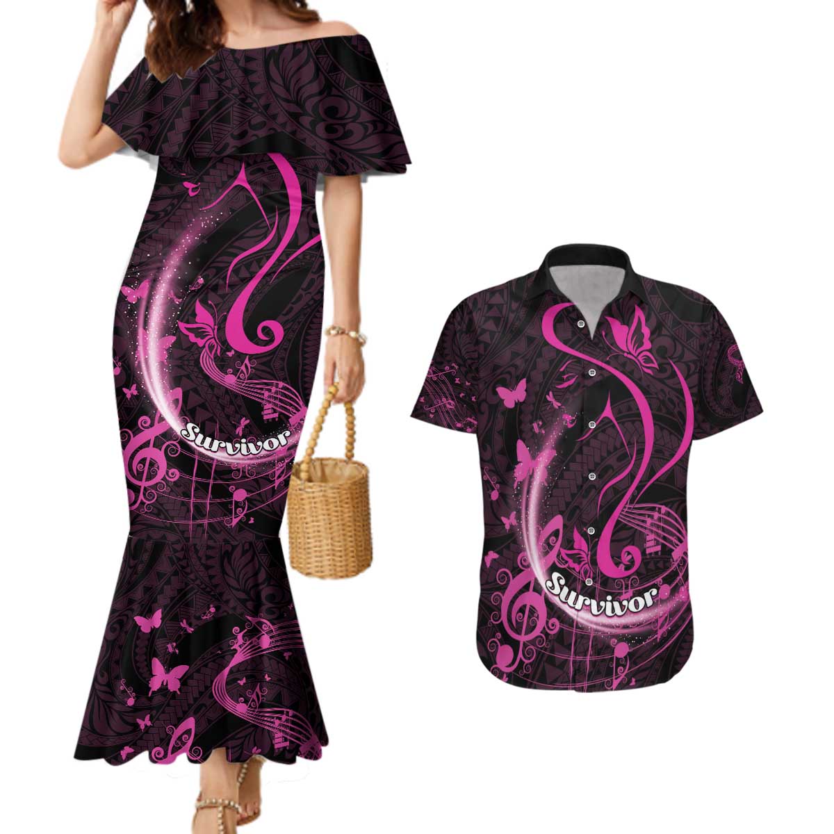 Personalised Survivor Melody Pink Couples Matching Mermaid Dress and Hawaiian Shirt Breast Cancer Polynesian Pattern