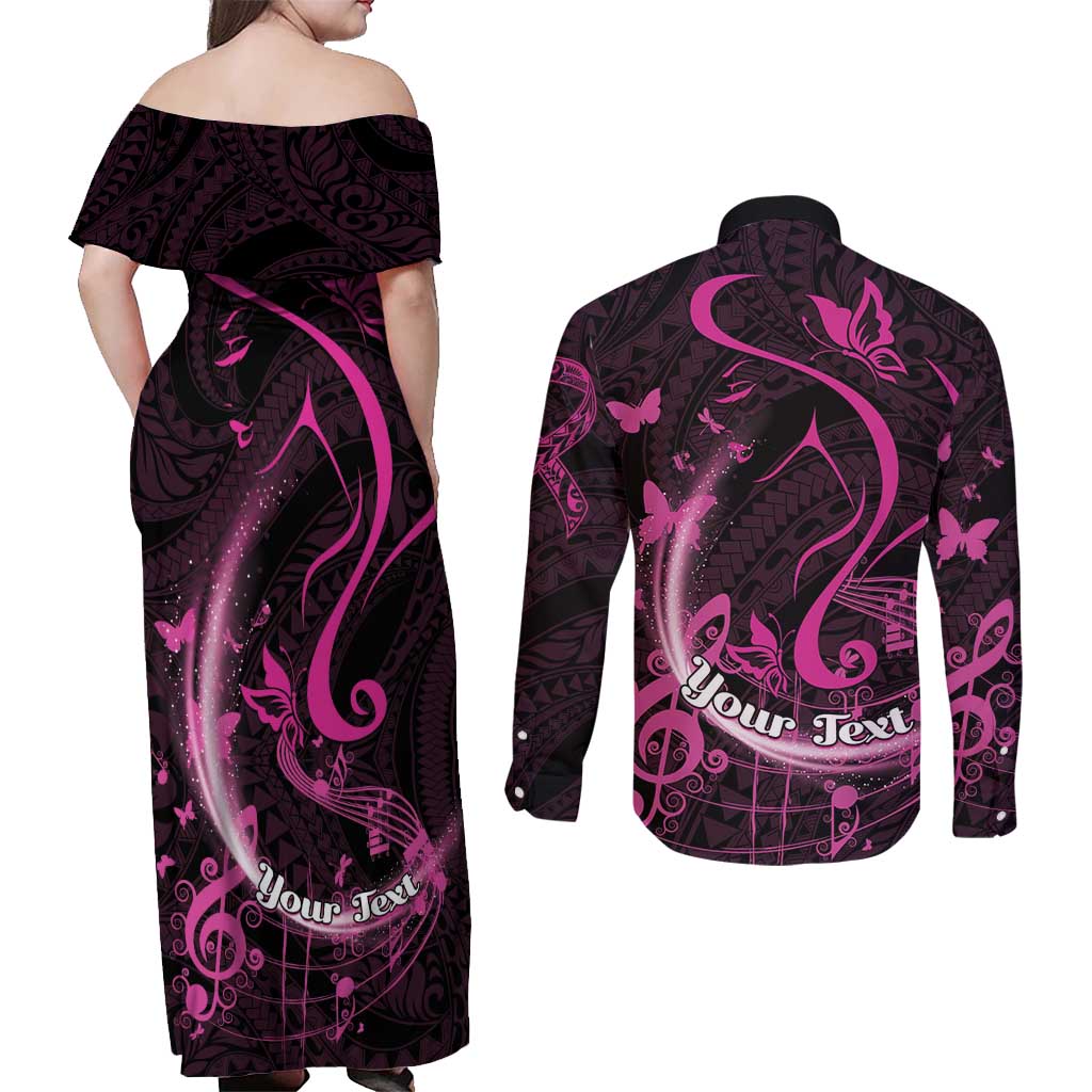 Personalised Survivor Melody Pink Couples Matching Off Shoulder Maxi Dress and Long Sleeve Button Shirt Breast Cancer Polynesian Pattern LT01 - Polynesian Pride