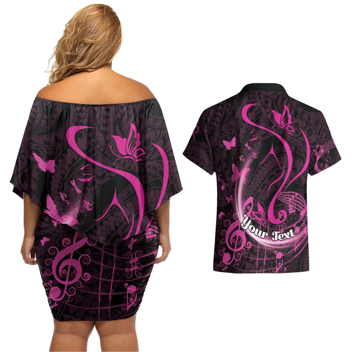 Personalised Survivor Melody Pink Couples Matching Off Shoulder Short Dress and Hawaiian Shirt Breast Cancer Polynesian Pattern LT01 - Polynesian Pride