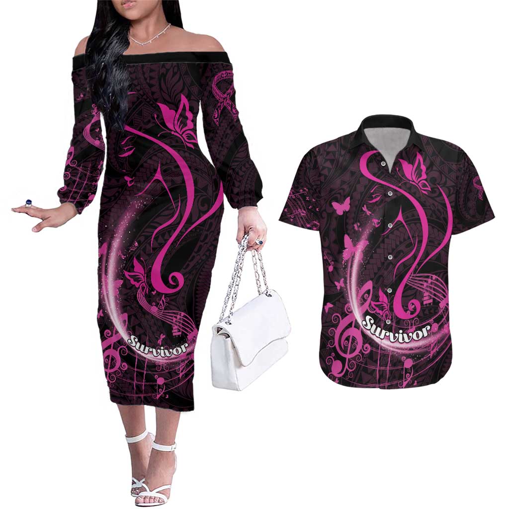 Personalised Survivor Melody Pink Couples Matching Off The Shoulder Long Sleeve Dress and Hawaiian Shirt Breast Cancer Polynesian Pattern LT01 Pink - Polynesian Pride