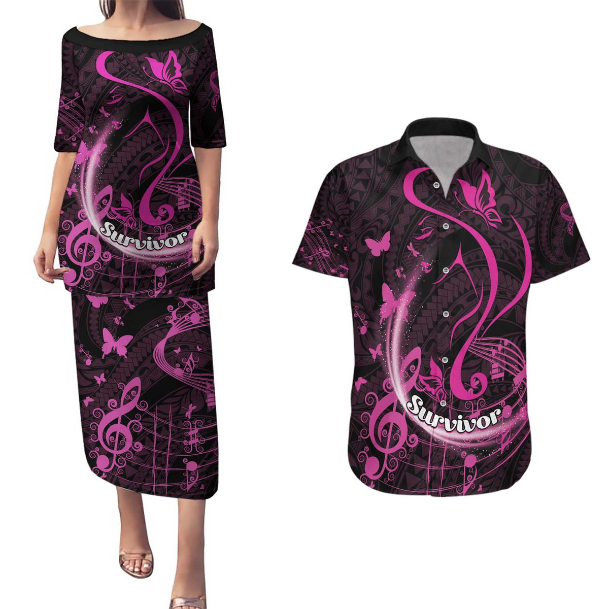 Personalised Survivor Melody Pink Couples Matching Puletasi and Hawaiian Shirt Breast Cancer Polynesian Pattern LT01 Pink - Polynesian Pride