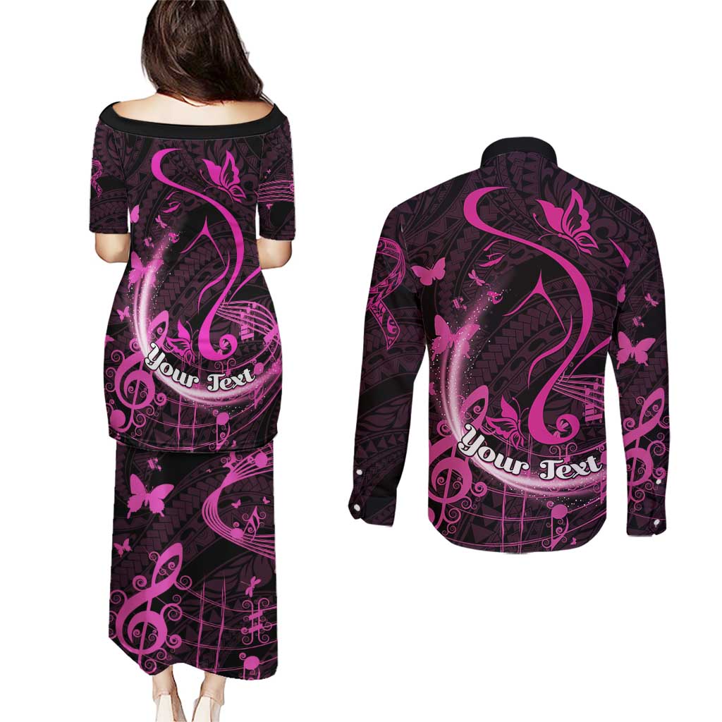 Personalised Survivor Melody Pink Couples Matching Puletasi and Long Sleeve Button Shirt Breast Cancer Polynesian Pattern LT01 - Polynesian Pride
