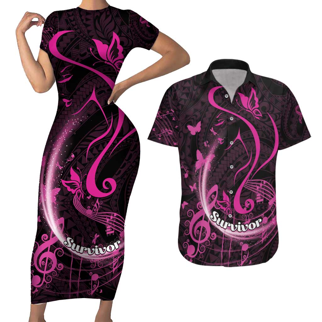 Personalised Survivor Melody Pink Couples Matching Short Sleeve Bodycon Dress and Hawaiian Shirt Breast Cancer Polynesian Pattern LT01 Pink - Polynesian Pride