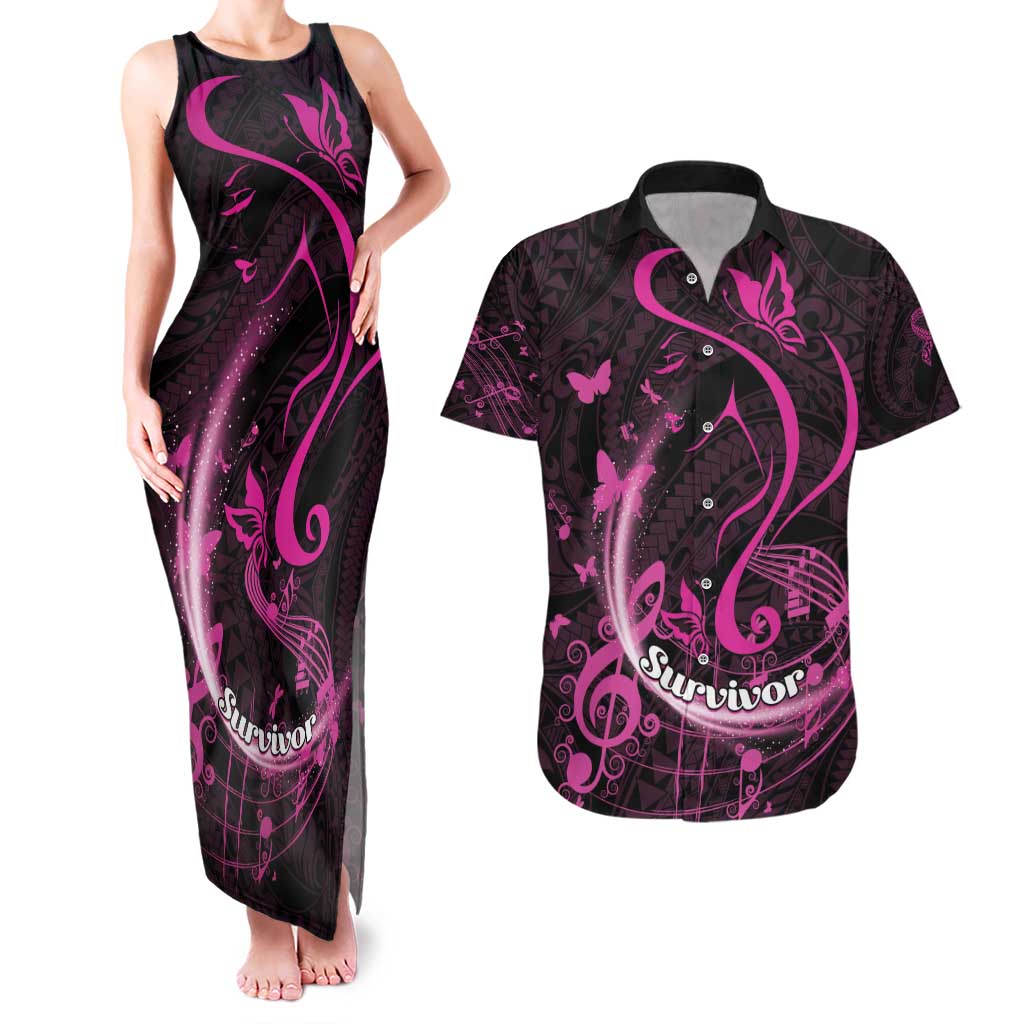 Personalised Survivor Melody Pink Couples Matching Tank Maxi Dress and Hawaiian Shirt Breast Cancer Polynesian Pattern LT01 Pink - Polynesian Pride