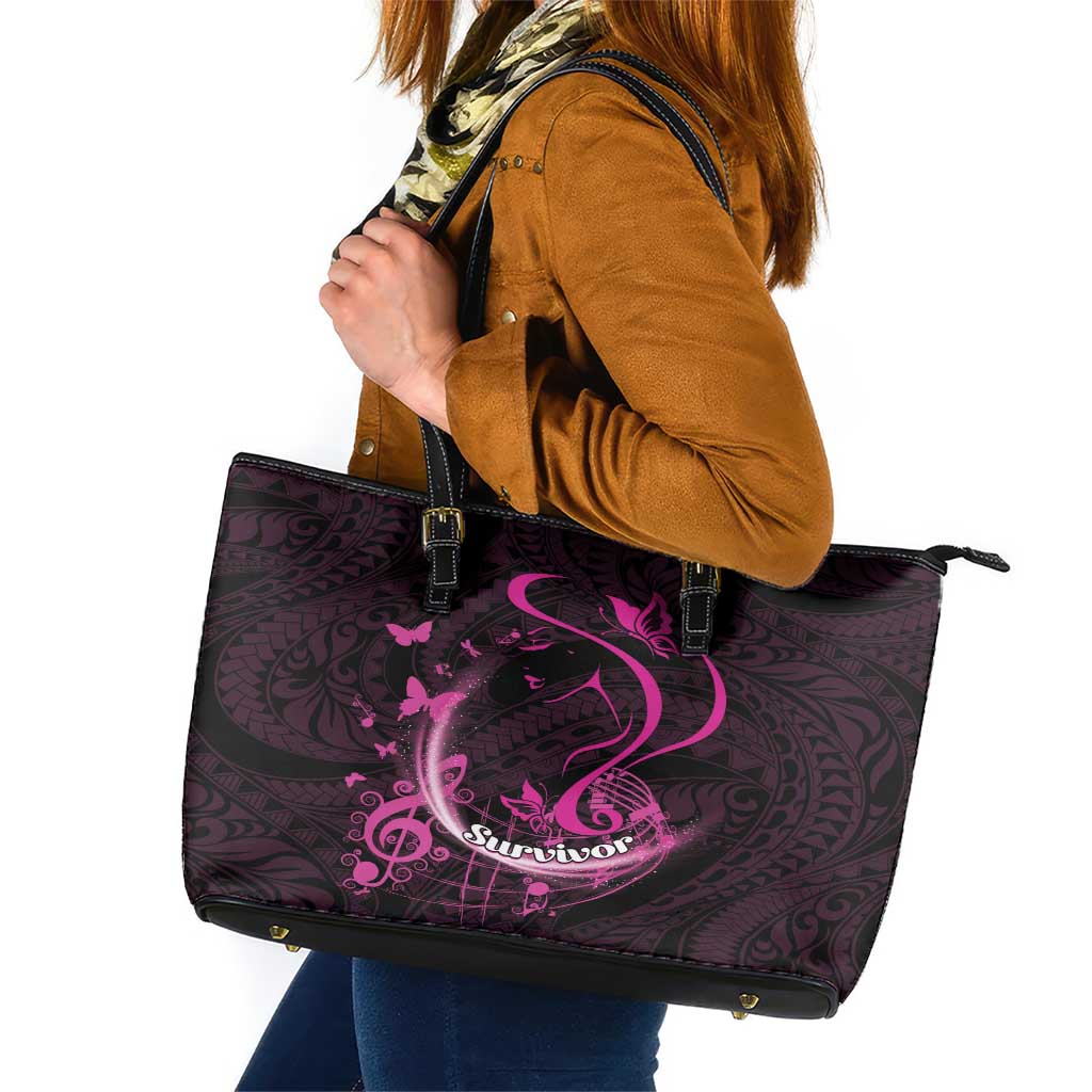 Survivor Melody Pink Leather Tote Bag Breast Cancer Polynesian Pattern