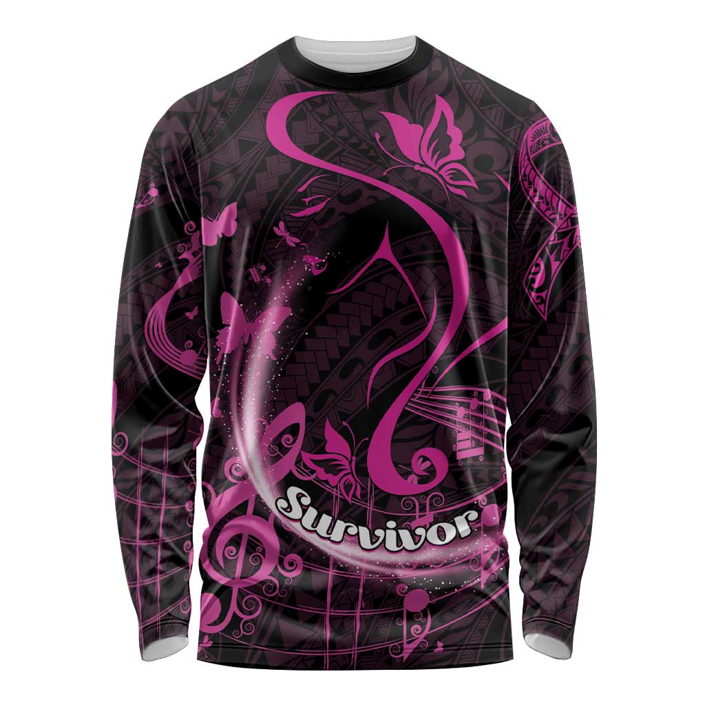 Personalised Survivor Melody Pink Long Sleeve Shirt Breast Cancer Polynesian Pattern