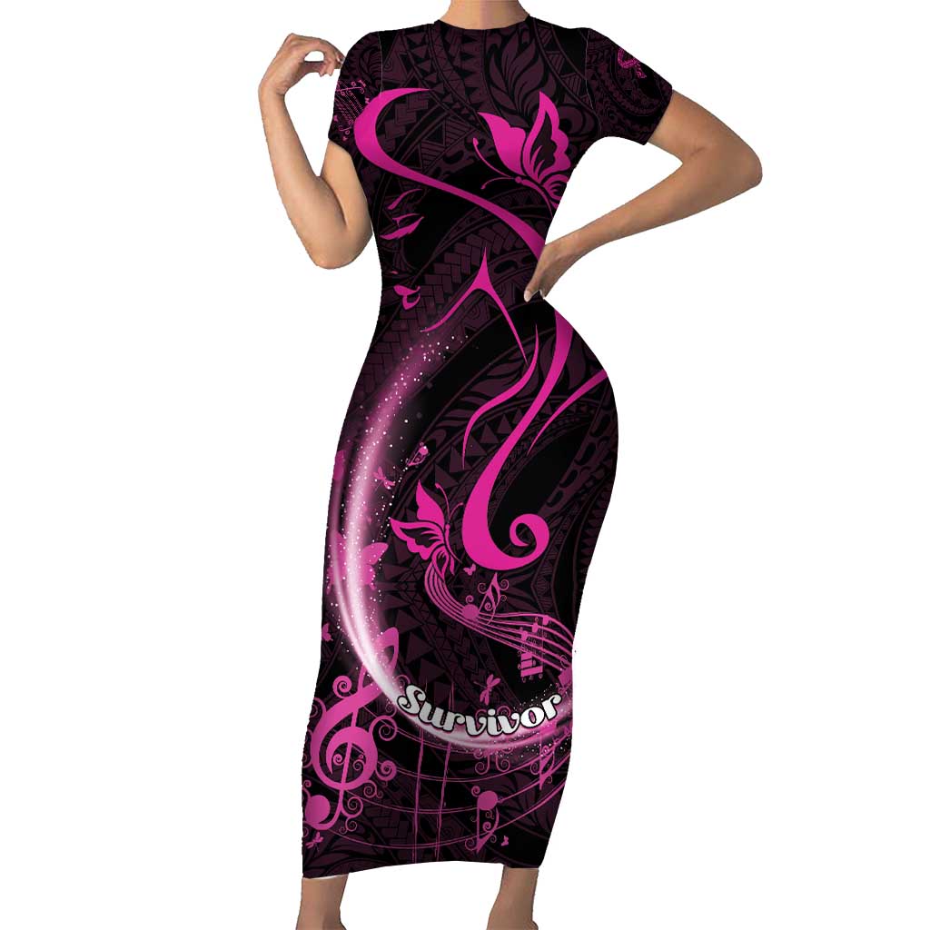 Personalised Survivor Melody Pink Short Sleeve Bodycon Dress Breast Cancer Polynesian Pattern