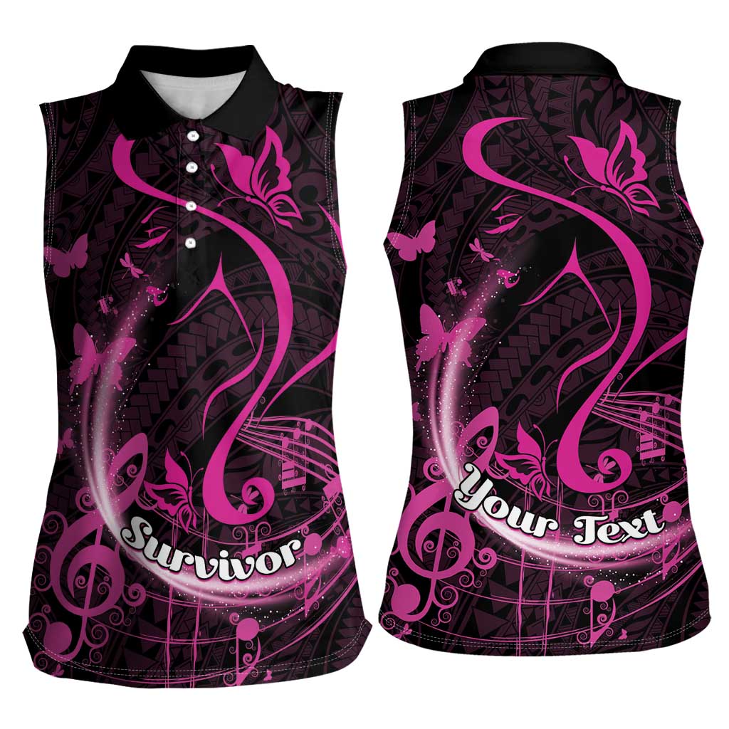 Personalised Survivor Melody Pink Women Sleeveless Polo Shirt Breast Cancer Polynesian Pattern