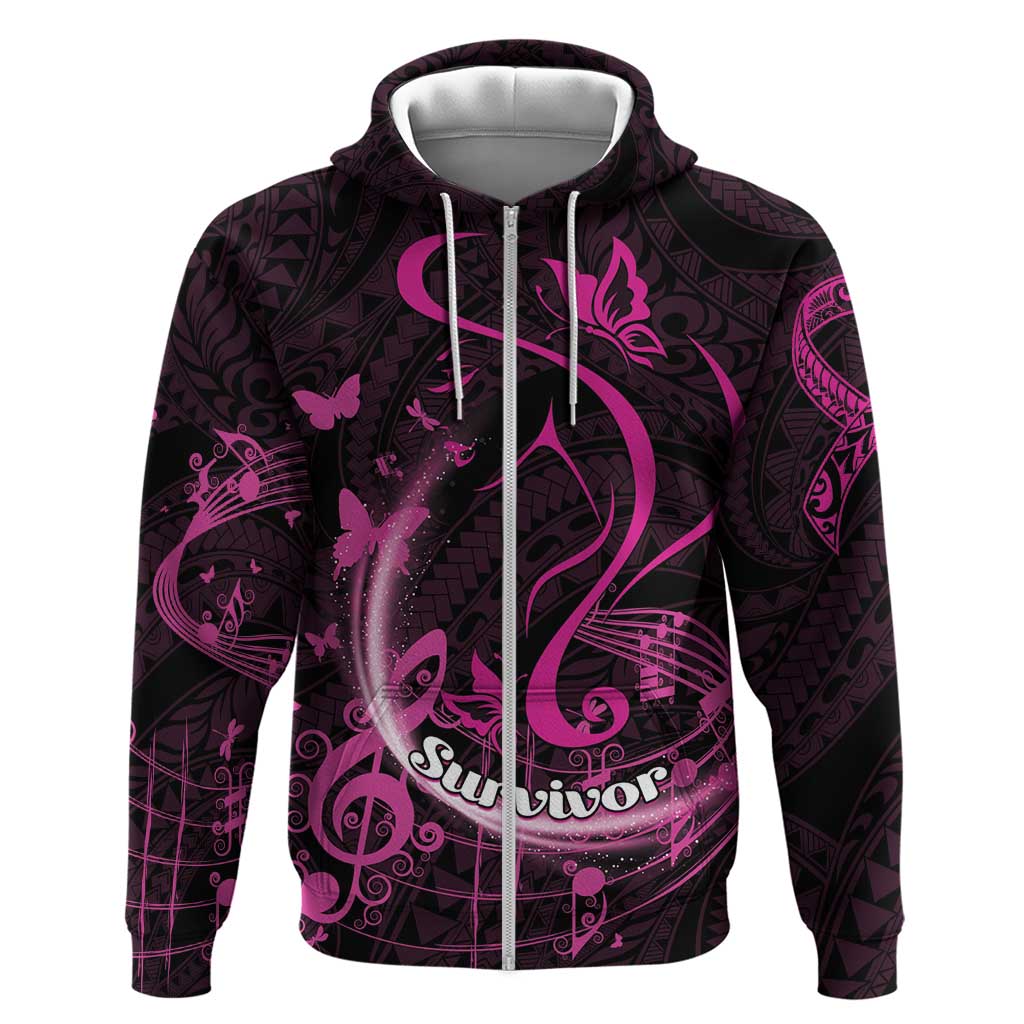 Personalised Survivor Melody Pink Zip Hoodie Breast Cancer Polynesian Pattern