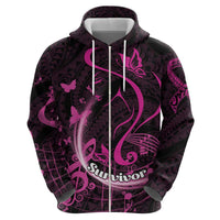 Personalised Survivor Melody Pink Zip Hoodie Breast Cancer Polynesian Pattern