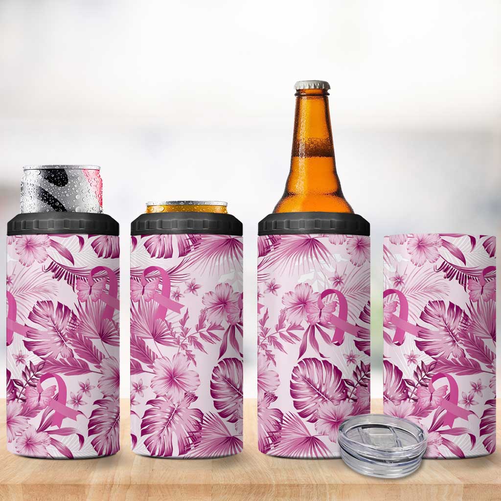 Pink Ribbon Hibiscus Tropical Pattern 4 in 1 Can Cooler Tumbler Breast Cancer