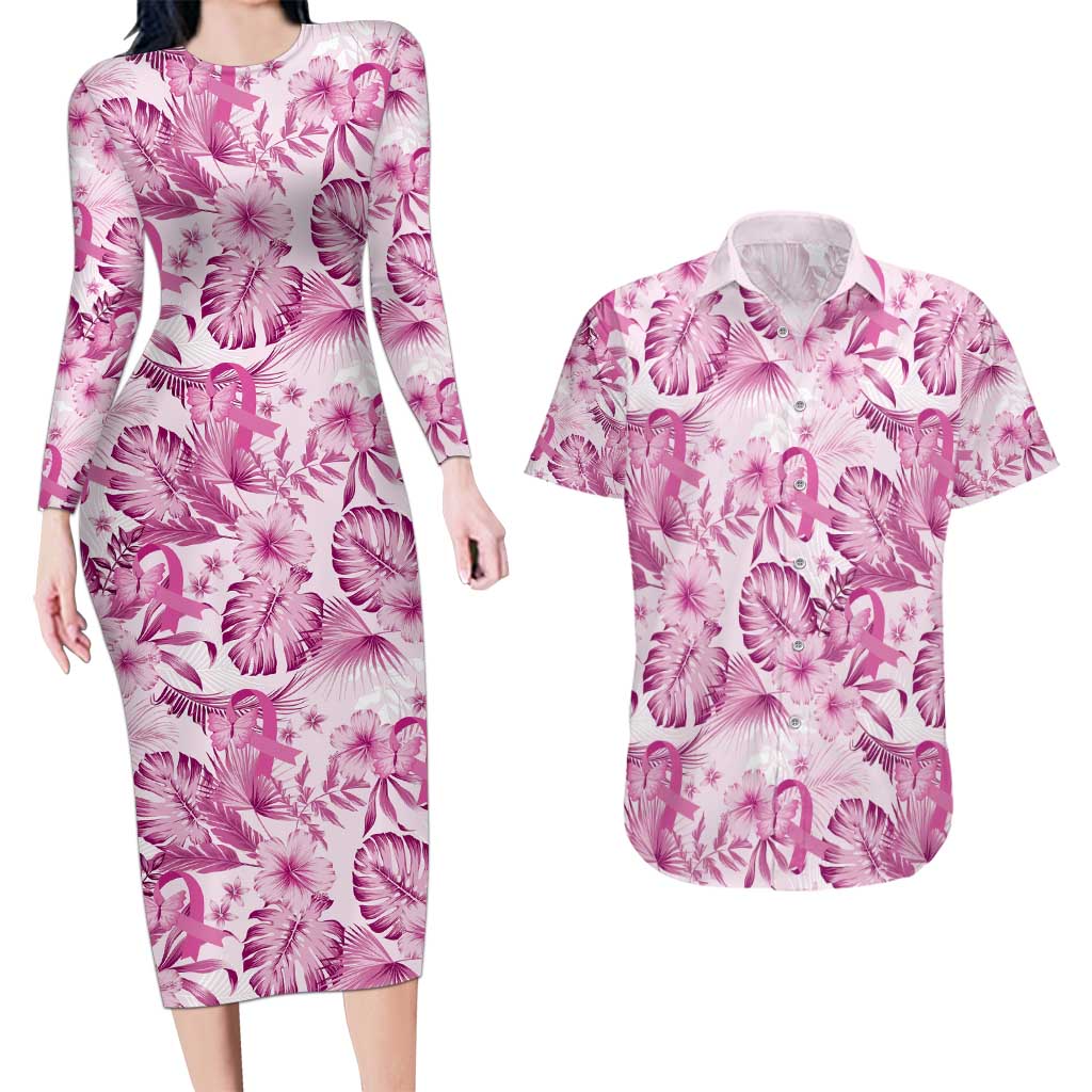 Pink Ribbon Hibiscus Tropical Pattern Couples Matching Long Sleeve Bodycon Dress and Hawaiian Shirt Breast Cancer