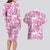 Pink Ribbon Hibiscus Tropical Pattern Couples Matching Long Sleeve Bodycon Dress and Hawaiian Shirt Breast Cancer