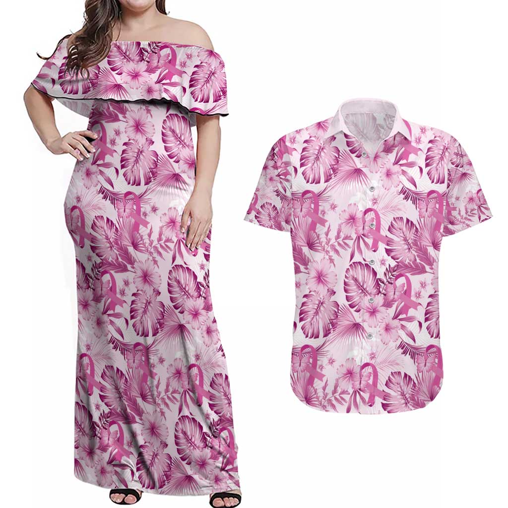 Pink Ribbon Hibiscus Tropical Pattern Couples Matching Off Shoulder Maxi Dress and Hawaiian Shirt Breast Cancer