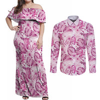 Pink Ribbon Hibiscus Tropical Pattern Couples Matching Off Shoulder Maxi Dress and Long Sleeve Button Shirt Breast Cancer LT01 Pink - Polynesian Pride
