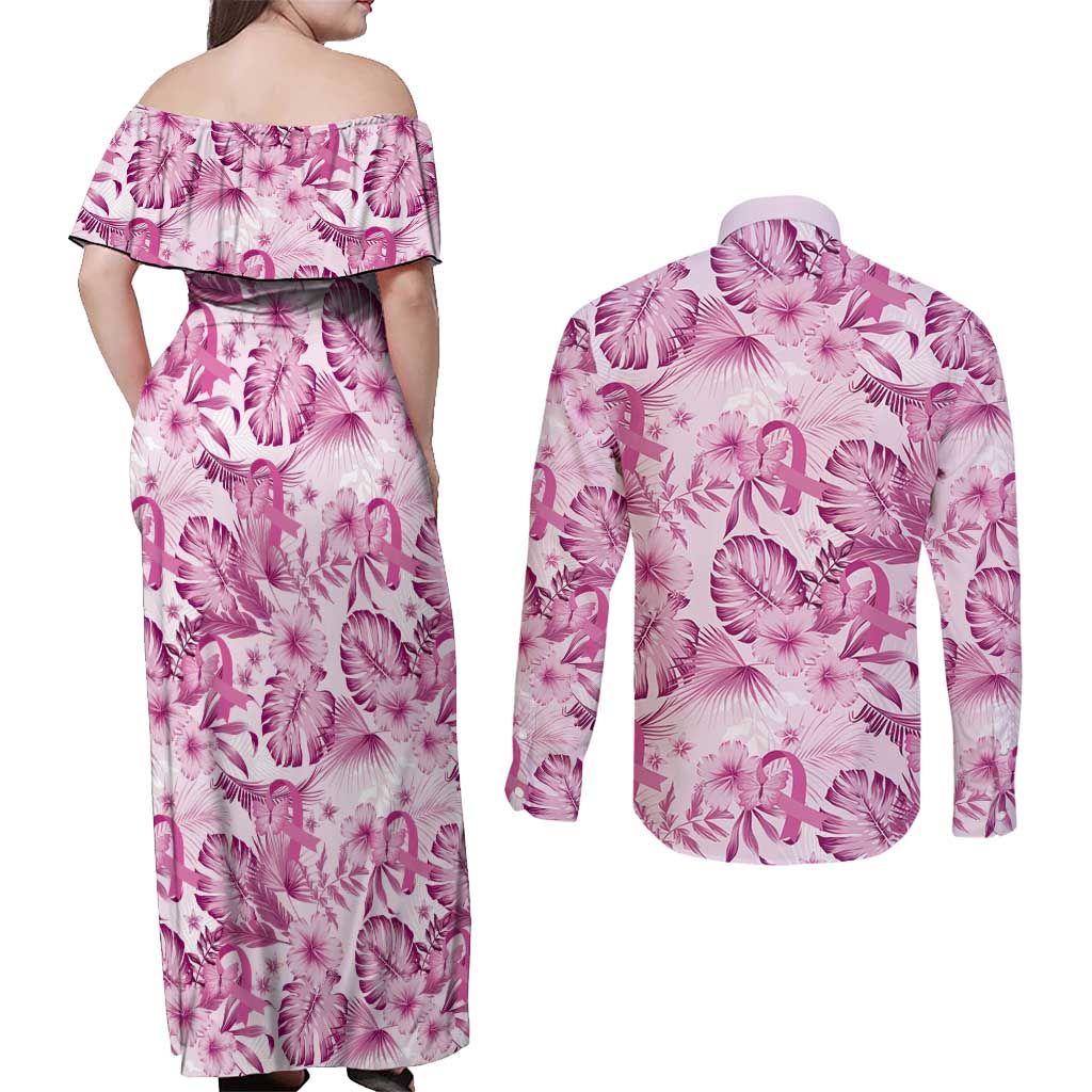 Pink Ribbon Hibiscus Tropical Pattern Couples Matching Off Shoulder Maxi Dress and Long Sleeve Button Shirt Breast Cancer LT01 - Polynesian Pride