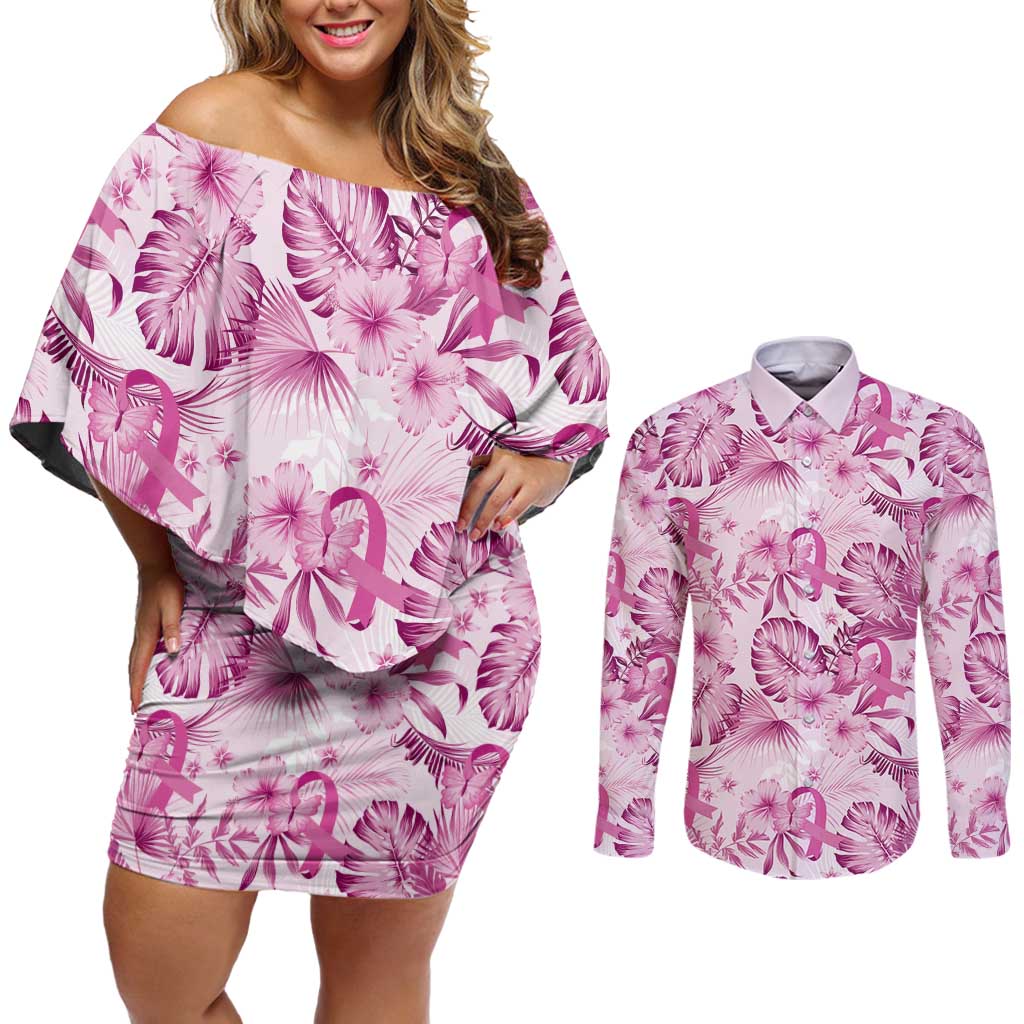 Pink Ribbon Hibiscus Tropical Pattern Couples Matching Off Shoulder Short Dress and Long Sleeve Button Shirt Breast Cancer