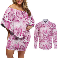 Pink Ribbon Hibiscus Tropical Pattern Couples Matching Off Shoulder Short Dress and Long Sleeve Button Shirt Breast Cancer