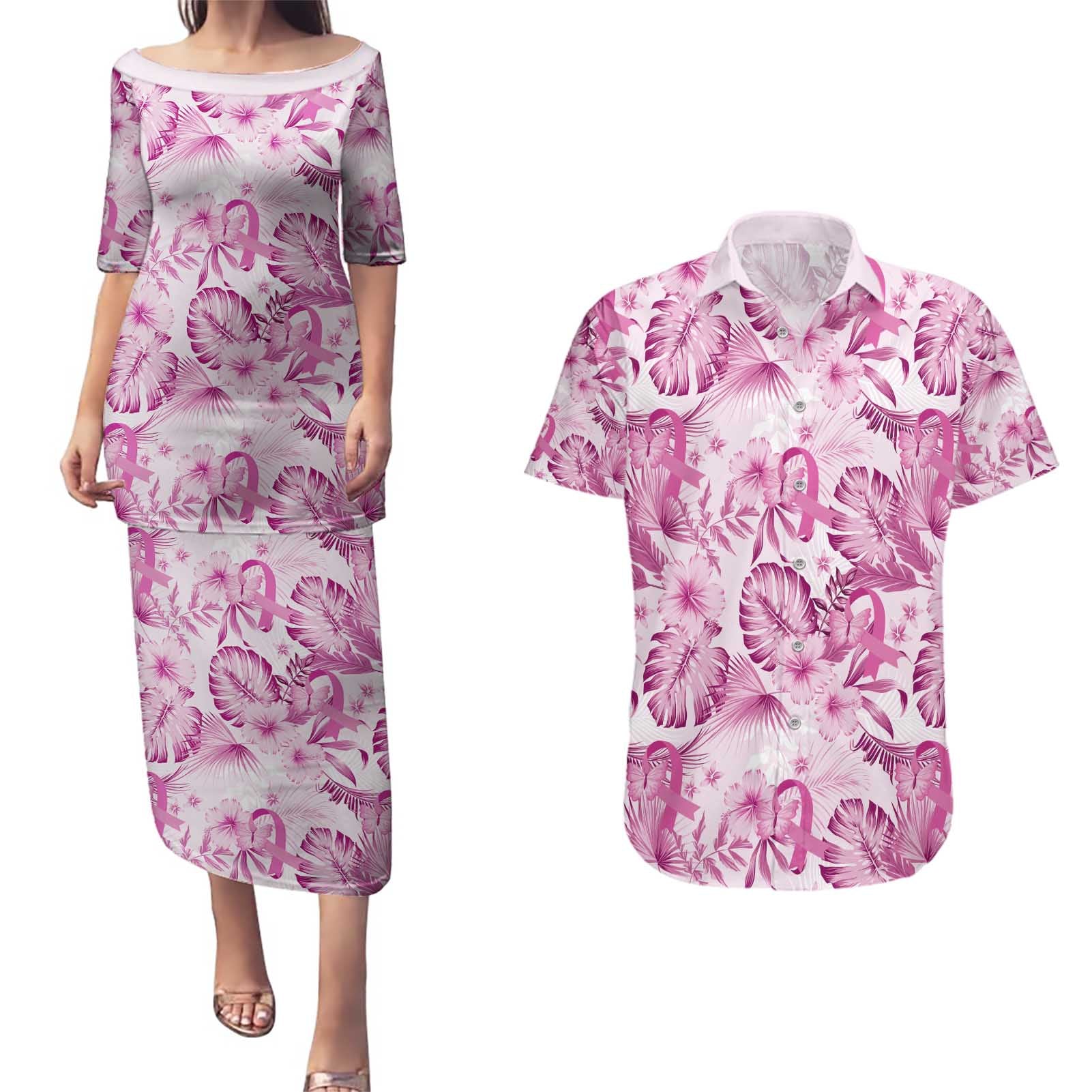 Pink Ribbon Hibiscus Tropical Pattern Couples Matching Puletasi and Hawaiian Shirt Breast Cancer