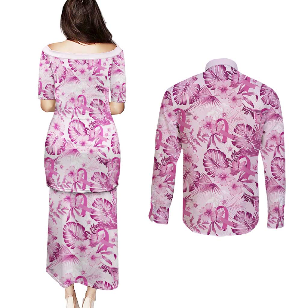 Pink Ribbon Hibiscus Tropical Pattern Couples Matching Puletasi and Long Sleeve Button Shirt Breast Cancer LT01 - Polynesian Pride