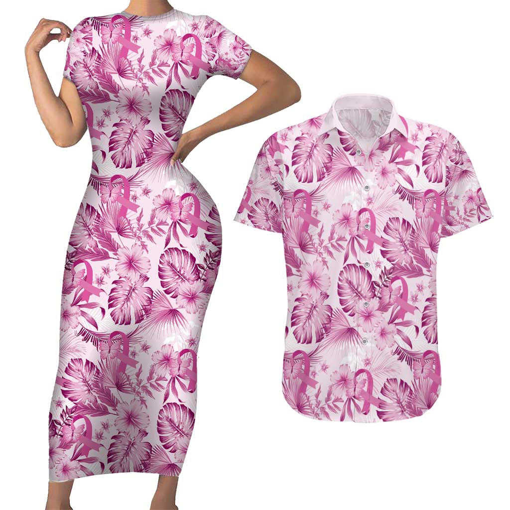 Pink Ribbon Hibiscus Tropical Pattern Couples Matching Short Sleeve Bodycon Dress and Hawaiian Shirt Breast Cancer