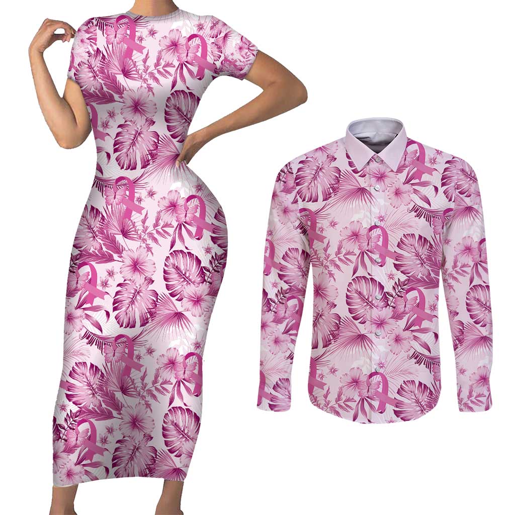 Pink Ribbon Hibiscus Tropical Pattern Couples Matching Short Sleeve Bodycon Dress and Long Sleeve Button Shirt Breast Cancer