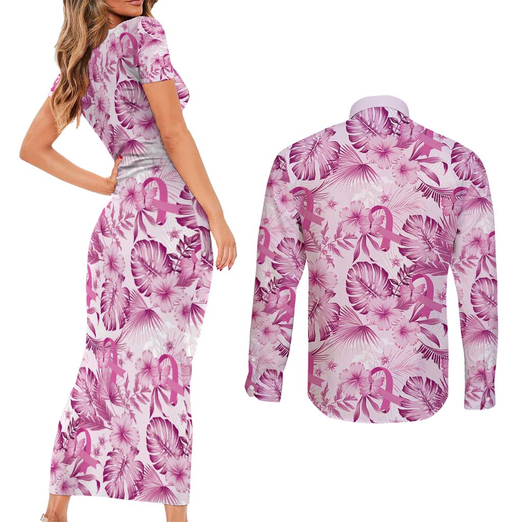 Pink Ribbon Hibiscus Tropical Pattern Couples Matching Short Sleeve Bodycon Dress and Long Sleeve Button Shirt Breast Cancer